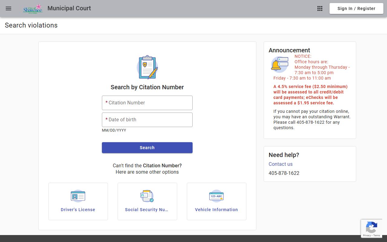 Shawnee Municipal Court online citation search for Shawnee criminal records