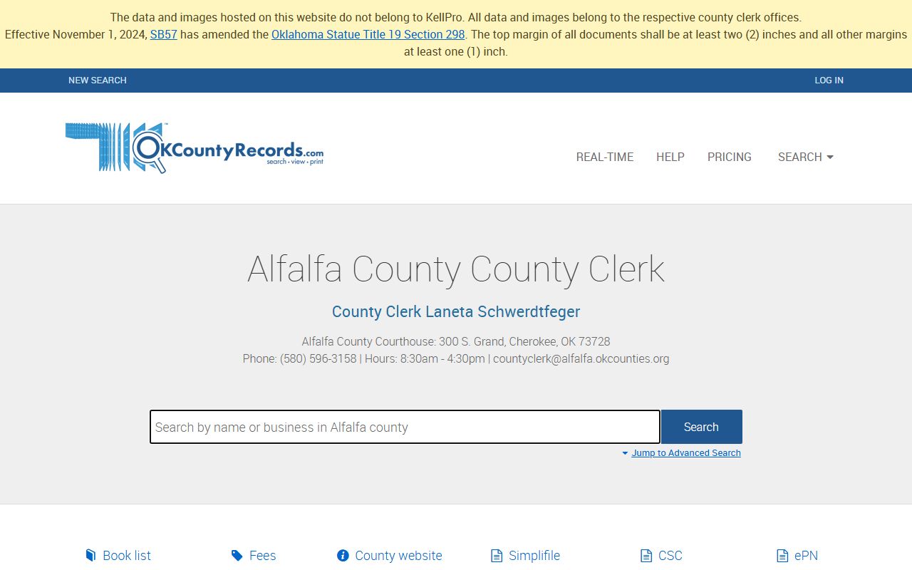 Alfalfa County land records search on OKCountyRecords