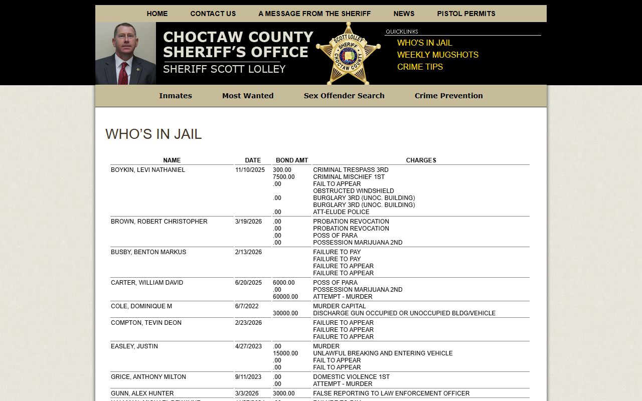 Choctaw County Sheriff inmate roster criminal records