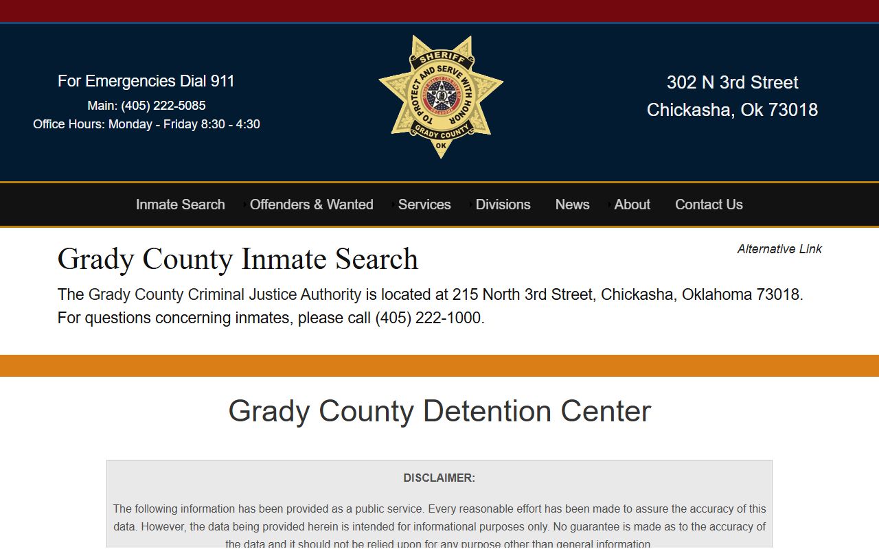 Grady County inmate search for criminal records and jail roster